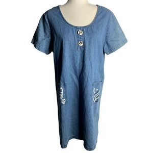 Vintage Denim Chambray Shift Dress L Fish Pockets Short Sleeves